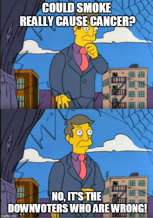 Skinner Out Of Touch | COULD SMOKE REALLY CAUSE CANCER? NO, IT'S THE DOWNVOTERS WHO ARE WRONG! | image tagged in skinner out of touch | made w/ Imgflip meme maker