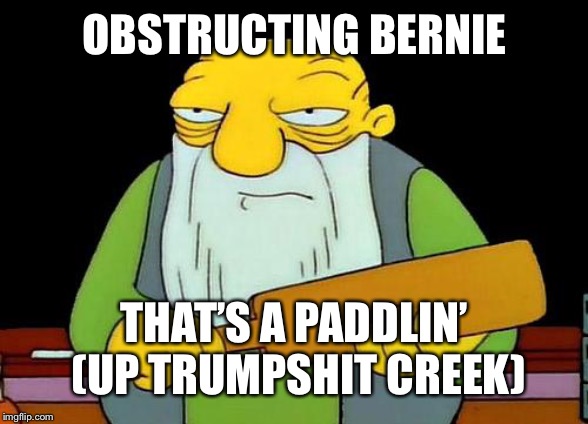 Up Trumpshit Creek | OBSTRUCTING BERNIE; THAT’S A PADDLIN’ (UP TRUMPSHIT CREEK) | image tagged in memes,that's a paddlin',bernie sanders,donald trump | made w/ Imgflip meme maker