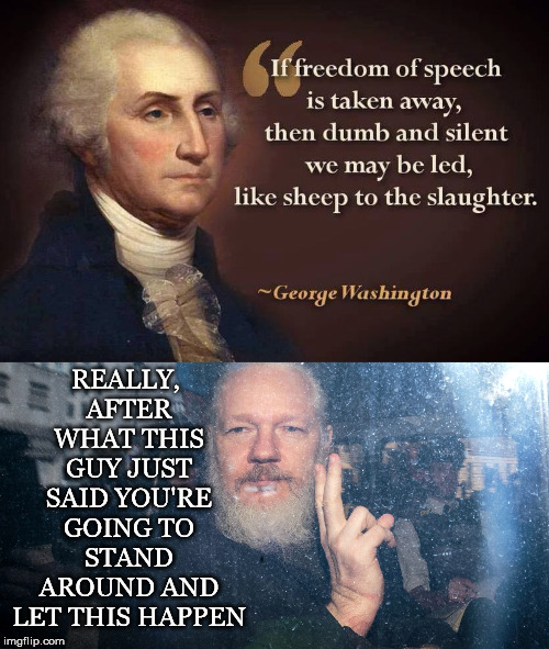 If Not Now When | REALLY, AFTER WHAT THIS GUY JUST SAID YOU'RE GOING TO STAND AROUND AND LET THIS HAPPEN | image tagged in george washington,julian assange,freedom of speech,arrested,journalism,journalist | made w/ Imgflip meme maker