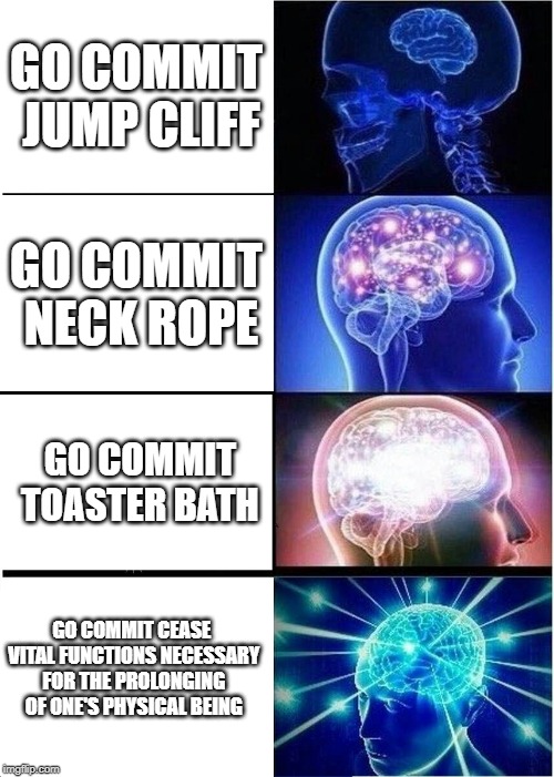 Expanding Brain Meme | GO COMMIT JUMP CLIFF; GO COMMIT NECK ROPE; GO COMMIT TOASTER BATH; GO COMMIT CEASE VITAL FUNCTIONS NECESSARY FOR THE PROLONGING OF ONE'S PHYSICAL BEING | image tagged in memes,expanding brain | made w/ Imgflip meme maker