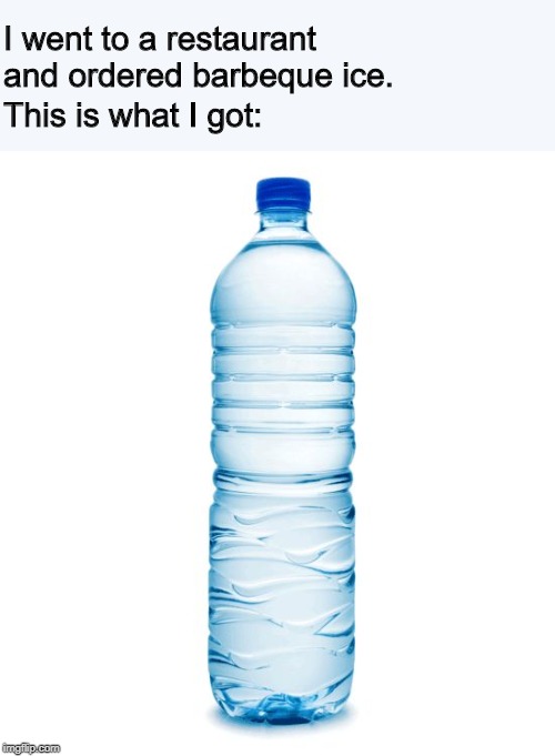 water bottle  | This is what I got:; I went to a restaurant and ordered barbeque ice. | image tagged in water bottle | made w/ Imgflip meme maker