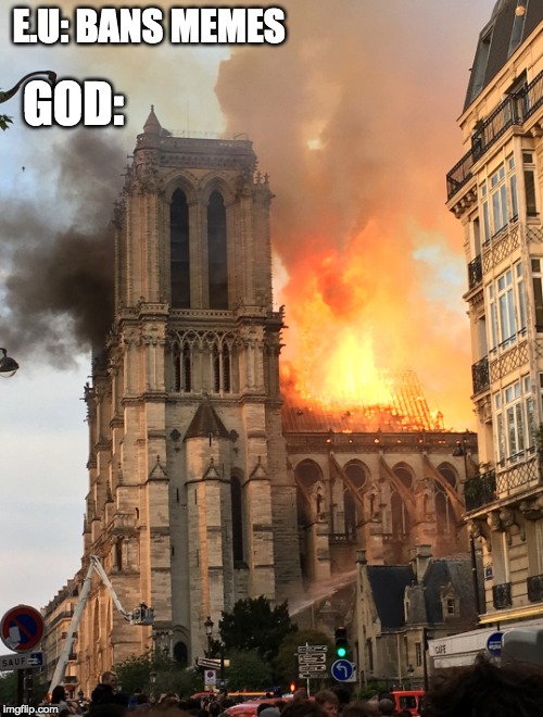 Notre Dame fire | GOD:; E.U: BANS MEMES | image tagged in notre dame fire | made w/ Imgflip meme maker