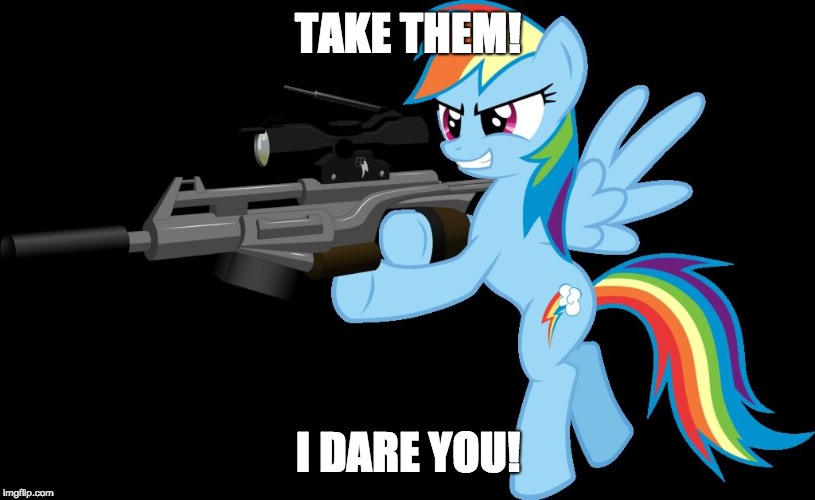 gunning rainbow dash | TAKE THEM! I DARE YOU! | image tagged in gunning rainbow dash | made w/ Imgflip meme maker