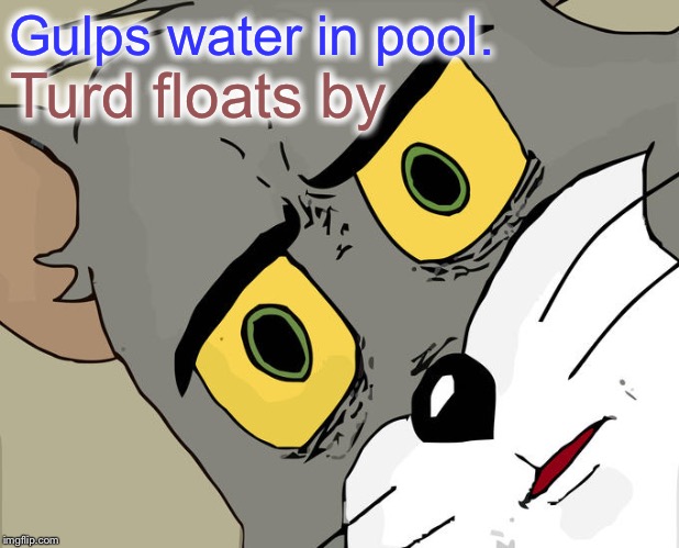 Please be a chocolate bar. | Gulps water in pool. Turd floats by | image tagged in memes,unsettled tom,swimming pool,turd,funny | made w/ Imgflip meme maker