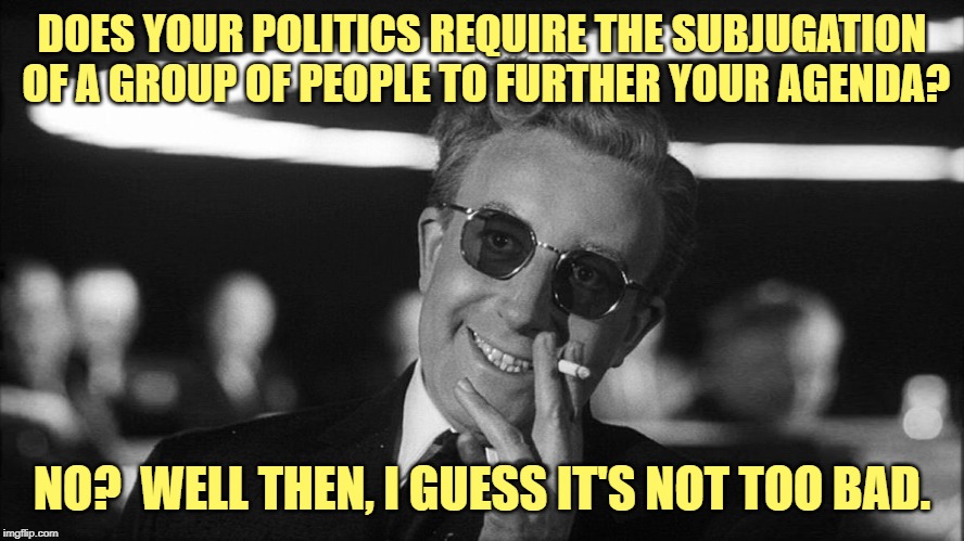 Doctor Strangelove says... | DOES YOUR POLITICS REQUIRE THE SUBJUGATION OF A GROUP OF PEOPLE TO FURTHER YOUR AGENDA? NO?  WELL THEN, I GUESS IT'S NOT TOO BAD. | made w/ Imgflip meme maker