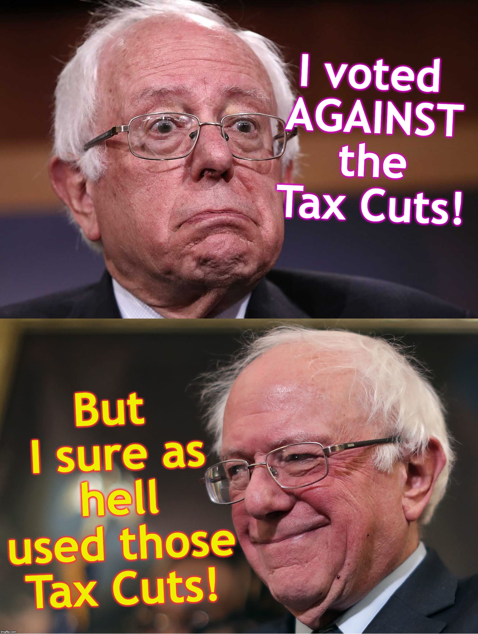 ah, it's just human nature | I voted AGAINST the Tax Cuts! But I sure as hell used those Tax Cuts! | image tagged in bernie sanders | made w/ Imgflip meme maker
