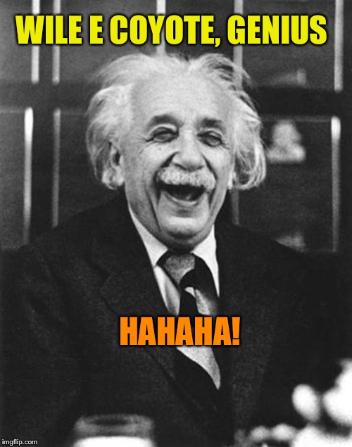 Einstein laugh | WILE E COYOTE, GENIUS HAHAHA! | image tagged in einstein laugh | made w/ Imgflip meme maker