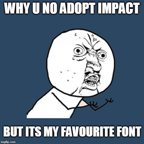 Y U No Meme | WHY U NO ADOPT IMPACT; BUT ITS MY FAVOURITE FONT | image tagged in memes,y u no | made w/ Imgflip meme maker