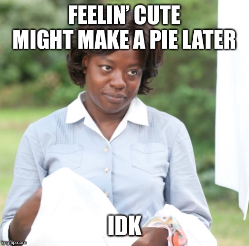 FEELIN’ CUTE MIGHT MAKE A PIE LATER; IDK | image tagged in feeling cute | made w/ Imgflip meme maker