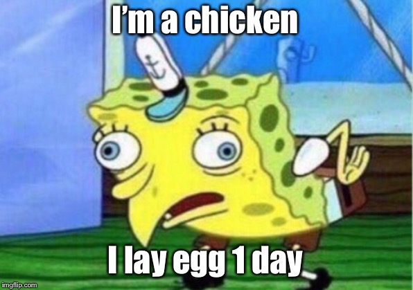 Mocking Spongebob Meme | I’m a chicken; I lay egg 1 day | image tagged in memes,mocking spongebob | made w/ Imgflip meme maker