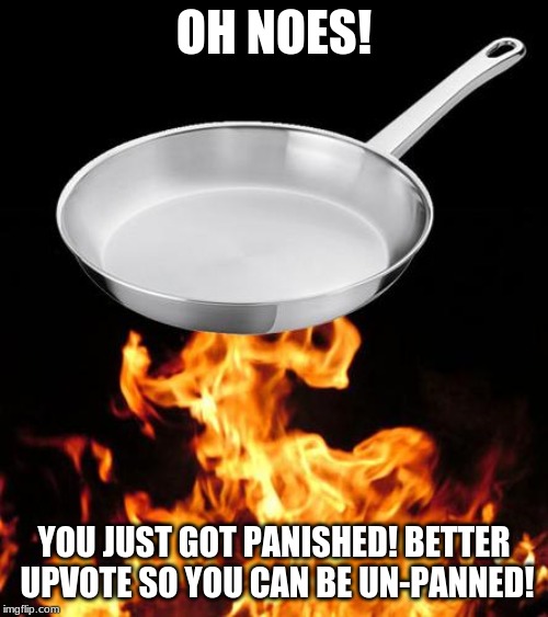 frying pan to fire | OH NOES! YOU JUST GOT PANISHED!
BETTER UPVOTE SO YOU CAN BE UN-PANNED! | image tagged in frying pan to fire | made w/ Imgflip meme maker