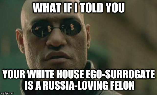 Sorry this is so late! I've been in a coma the last four years! | WHAT IF I TOLD YOU; YOUR WHITE HOUSE EGO-SURROGATE IS A RUSSIA-LOVING FELON | image tagged in memes,matrix morpheus | made w/ Imgflip meme maker