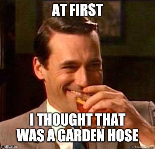 Laughing Don Draper | AT FIRST I THOUGHT THAT WAS A GARDEN HOSE | image tagged in laughing don draper | made w/ Imgflip meme maker