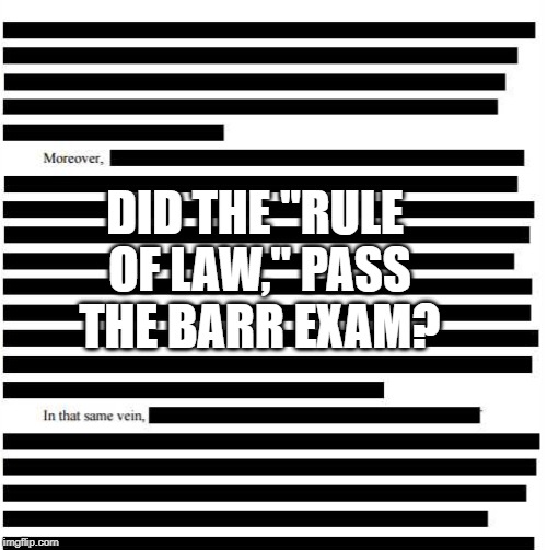 Mueller report | DID THE "RULE OF LAW," PASS THE BARR EXAM? | image tagged in mueller report | made w/ Imgflip meme maker