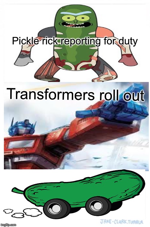 Pickle rick | Pickle rick reporting for duty; Transformers roll out | image tagged in memes,funny memes,pickle rick | made w/ Imgflip meme maker