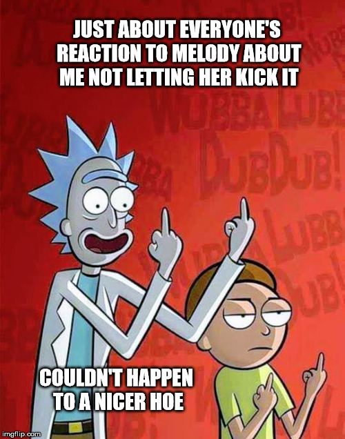 You deserve it | JUST ABOUT EVERYONE'S REACTION TO MELODY ABOUT ME NOT LETTING HER KICK IT; COULDN'T HAPPEN TO A NICER HOE | image tagged in rick and morty | made w/ Imgflip meme maker