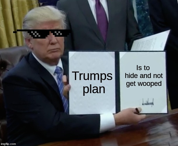 Trump Bill Signing | Trumps plan; Is to hide and not get wooped | image tagged in memes,trump bill signing | made w/ Imgflip meme maker