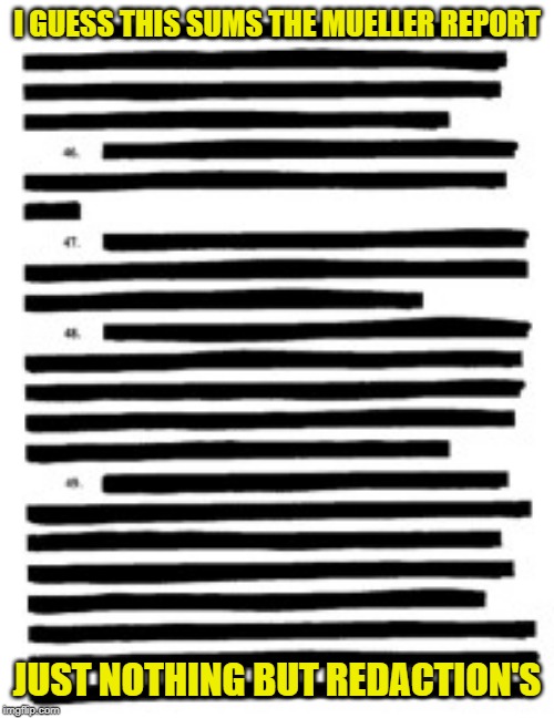 Redacted | I GUESS THIS SUMS THE MUELLER REPORT; JUST NOTHING BUT REDACTION'S | image tagged in redacted | made w/ Imgflip meme maker