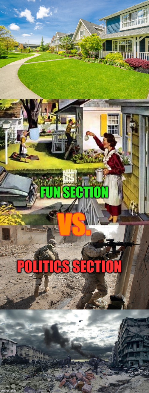 FUN SECTION; VS. POLITICS SECTION | image tagged in politics,fun | made w/ Imgflip meme maker