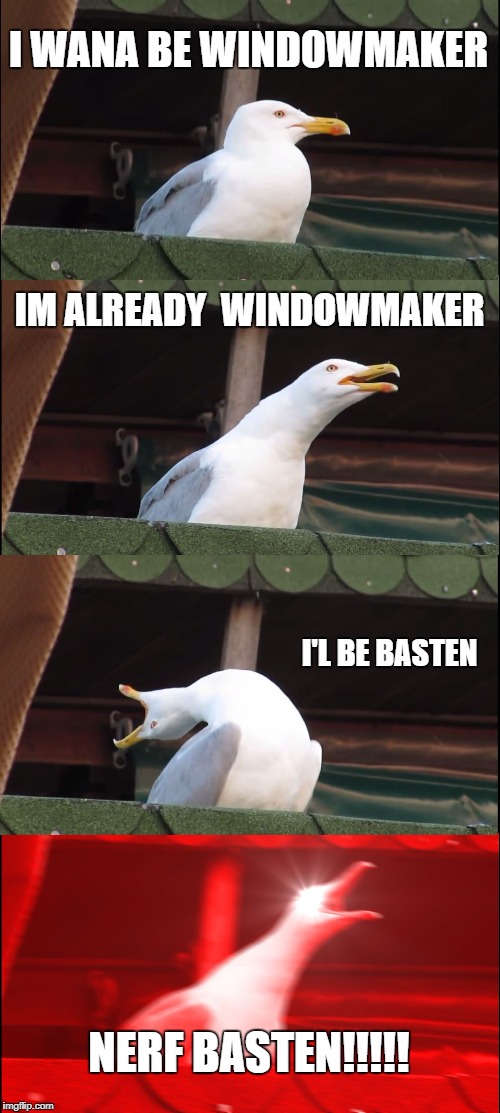 Inhaling Seagull Meme | I WANA BE WINDOWMAKER; IM ALREADY  WINDOWMAKER; I'L BE BASTEN; NERF BASTEN!!!!! | image tagged in memes,inhaling seagull | made w/ Imgflip meme maker