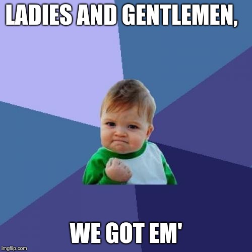 Success Kid | LADIES AND GENTLEMEN, WE GOT EM' | image tagged in memes,success kid | made w/ Imgflip meme maker