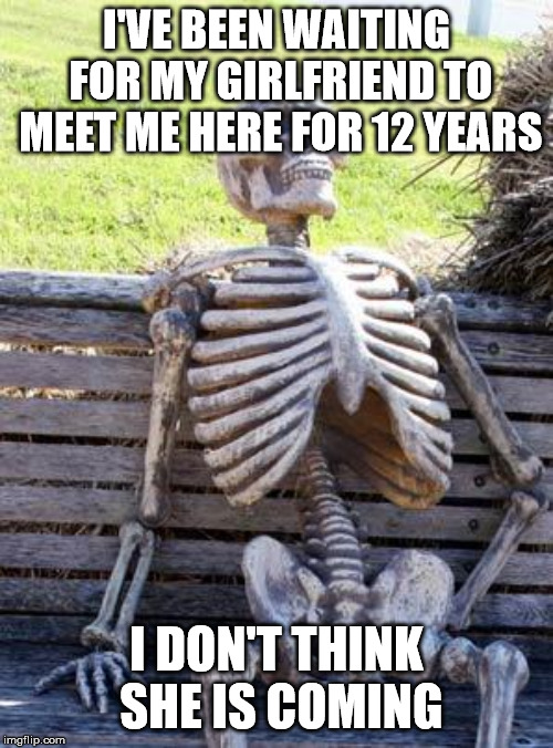 Catfishing in a nutshell | I'VE BEEN WAITING FOR MY GIRLFRIEND TO MEET ME HERE FOR 12 YEARS; I DON'T THINK SHE IS COMING | image tagged in memes,waiting skeleton | made w/ Imgflip meme maker