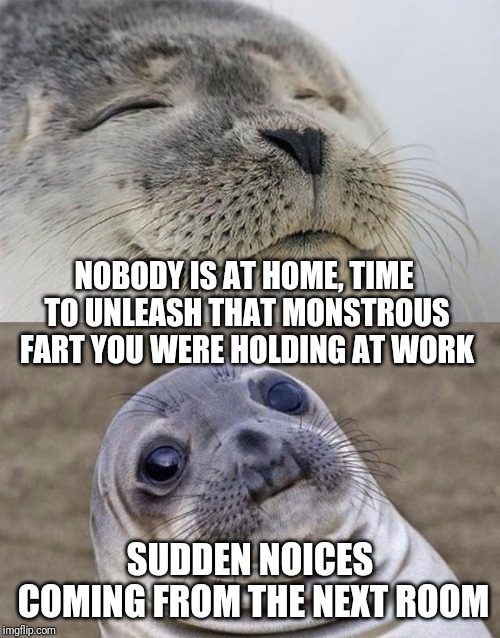 Don't you hate when this happens? | NOBODY IS AT HOME, TIME TO UNLEASH THAT MONSTROUS FART YOU WERE HOLDING AT WORK; SUDDEN NOICES COMING FROM THE NEXT ROOM | image tagged in memes,short satisfaction vs truth | made w/ Imgflip meme maker