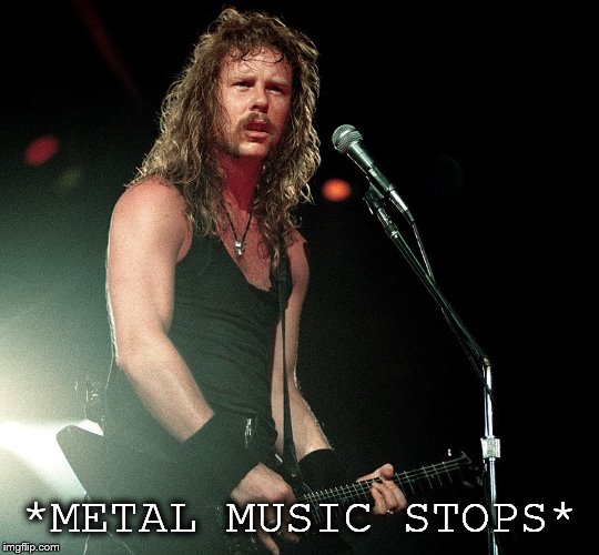 Did I just hear someone request a f****in' Megadeth song? | *METAL MUSIC STOPS* | image tagged in heavy metal,metallica,james hetfield | made w/ Imgflip meme maker