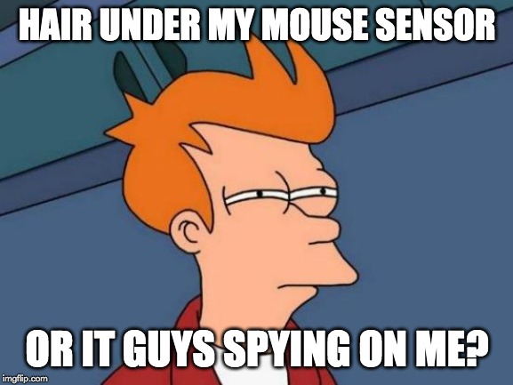 Futurama Fry | HAIR UNDER MY MOUSE SENSOR; OR IT GUYS SPYING ON ME? | image tagged in memes,futurama fry | made w/ Imgflip meme maker