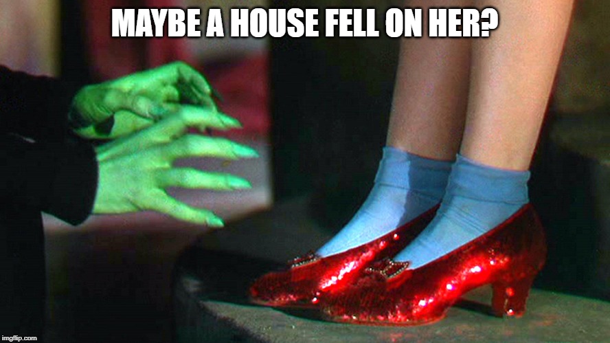 Ruby Slippers | MAYBE A HOUSE FELL ON HER? | image tagged in ruby slippers | made w/ Imgflip meme maker