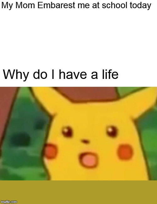 Surprised Pikachu | My Mom Embarest me at school today; Why do I have a life | image tagged in memes,surprised pikachu | made w/ Imgflip meme maker