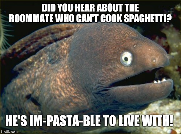 Now, I know what you're thinking. "You boil water and put the noodles in. Not that hard." | DID YOU HEAR ABOUT THE ROOMMATE WHO CAN'T COOK SPAGHETTI? HE'S IM-PASTA-BLE TO LIVE WITH! | image tagged in memes,bad joke eel,spaghetti | made w/ Imgflip meme maker