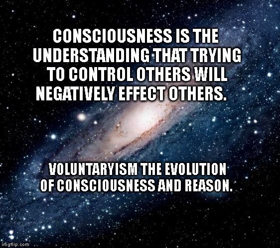 milky way background | CONSCIOUSNESS IS THE UNDERSTANDING THAT TRYING TO CONTROL OTHERS WILL NEGATIVELY EFFECT OTHERS. VOLUNTARYISM THE EVOLUTION OF CONSCIOUSNESS AND REASON. | image tagged in milky way background | made w/ Imgflip meme maker