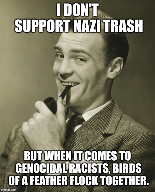 Smug | I DON’T SUPPORT NAZI TRASH BUT WHEN IT COMES TO GENOCIDAL RACISTS, BIRDS OF A FEATHER FLOCK TOGETHER. | image tagged in smug | made w/ Imgflip meme maker