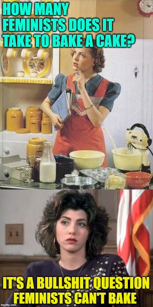 PhilosoHousewife Baking BS | HOW MANY FEMINISTS DOES IT TAKE TO BAKE A CAKE? IT'S A BULLSHIT QUESTION; FEMINISTS CAN'T BAKE | image tagged in marisa tomei my cousin vinny,vintage kitchen query,housewife,humor,actually funny feminist jokes,philosoraptor | made w/ Imgflip meme maker
