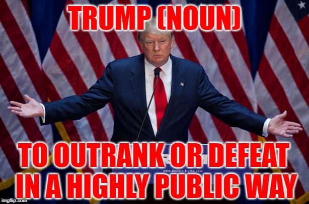 Trump (noun) Definition | TRUMP (NOUN); TO OUTRANK OR DEFEAT IN A HIGHLY PUBLIC WAY | image tagged in donald trump,words,defintion,president trump,funny trump meme,too funny | made w/ Imgflip meme maker