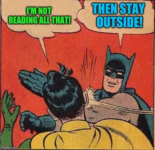 Batman Slapping Robin Meme | I'M NOT READING ALL THAT! THEN STAY OUTSIDE! | image tagged in memes,batman slapping robin | made w/ Imgflip meme maker
