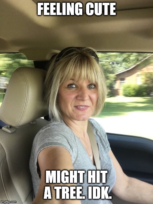 Great pic, though. | FEELING CUTE; MIGHT HIT A TREE. IDK. | image tagged in texting and driving | made w/ Imgflip meme maker