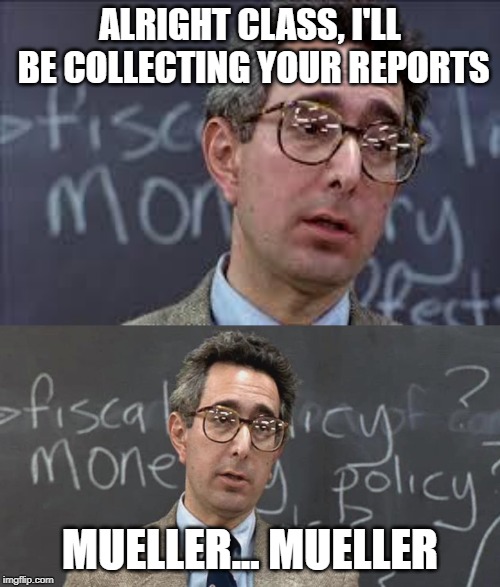 The wait is over but it took a while | ALRIGHT CLASS, I'LL BE COLLECTING YOUR REPORTS; MUELLER... MUELLER | image tagged in ferris bueller ben stein,mueller,memes,report | made w/ Imgflip meme maker