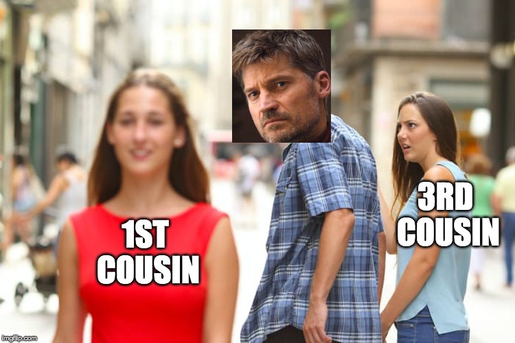 Distracted Boyfriend Meme | 3RD COUSIN; 1ST COUSIN | image tagged in memes,distracted boyfriend | made w/ Imgflip meme maker