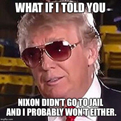 Trump Morpheus  | WHAT IF I TOLD YOU NIXON DIDN’T GO TO JAIL AND I PROBABLY WON’T EITHER. | image tagged in trump morpheus | made w/ Imgflip meme maker