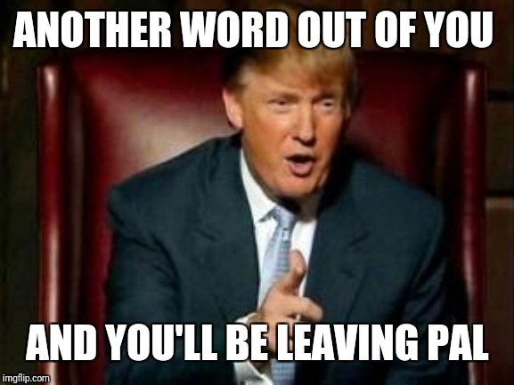 Donald Trump | ANOTHER WORD OUT OF YOU AND YOU'LL BE LEAVING PAL | image tagged in donald trump | made w/ Imgflip meme maker