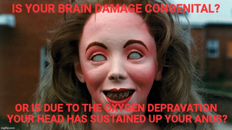 IS YOUR BRAIN DAMAGE CONGENITAL? OR IS DUE TO THE OXYGEN DEPRAVATION YOUR HEAD HAS SUSTAINED UP YOUR ANUS? | made w/ Imgflip meme maker