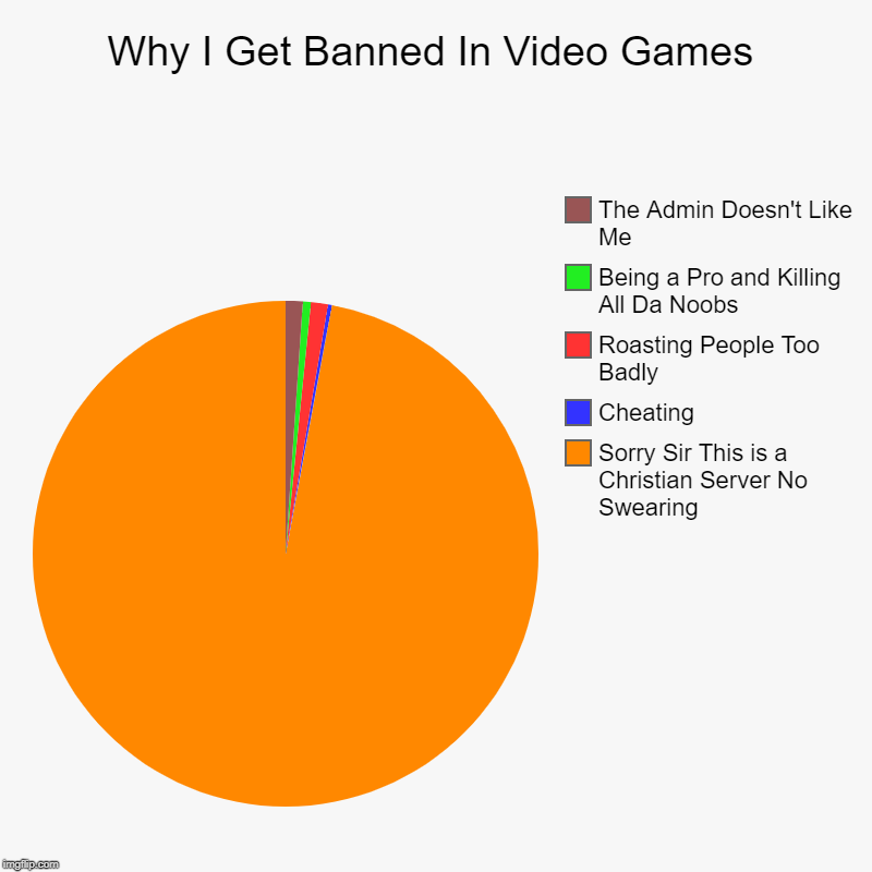 More "Christian Server" Memes! | Why I Get Banned In Video Games | Sorry Sir This is a Christian Server No Swearing, Cheating, Roasting People Too Badly, Being a Pro and Kil | image tagged in charts,pie charts | made w/ Imgflip chart maker