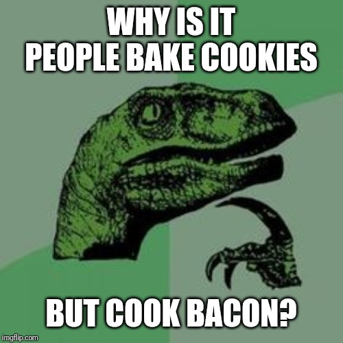 You come up with some weird questions when you can't get you mind off bacon | WHY IS IT PEOPLE BAKE COOKIES; BUT COOK BACON? | image tagged in time raptor,memes,philosoraptor,this is bacon,yummy,ricardo_klement | made w/ Imgflip meme maker
