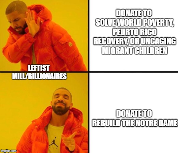 drake meme | DONATE TO SOLVE WORLD POVERTY, PEURTO RICO RECOVERY, OR UNCAGING MIGRANT CHILDREN; LEFTIST MILL/BILLIONAIRES; DONATE TO REBUILD THE NOTRE DAME | image tagged in drake meme | made w/ Imgflip meme maker
