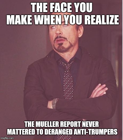 Face You Make Robert Downey Jr Meme | THE FACE YOU MAKE WHEN YOU REALIZE THE MUELLER REPORT NEVER MATTERED TO DERANGED ANTI-TRUMPERS | image tagged in memes,face you make robert downey jr | made w/ Imgflip meme maker