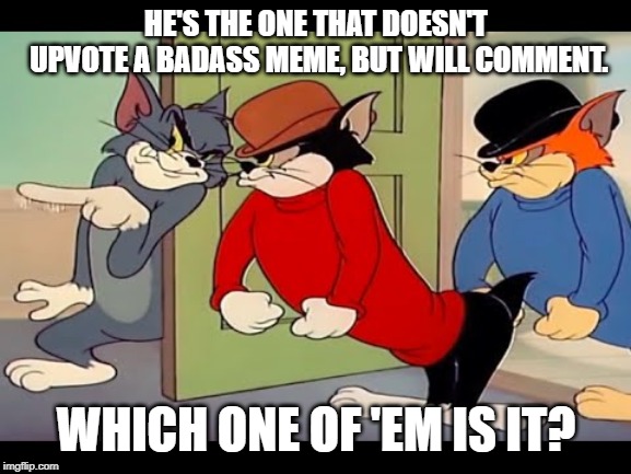 Tom &Jerry cats | HE'S THE ONE THAT DOESN'T UPVOTE A BADASS MEME, BUT WILL COMMENT. WHICH ONE OF 'EM IS IT? | image tagged in tom jerry cats | made w/ Imgflip meme maker