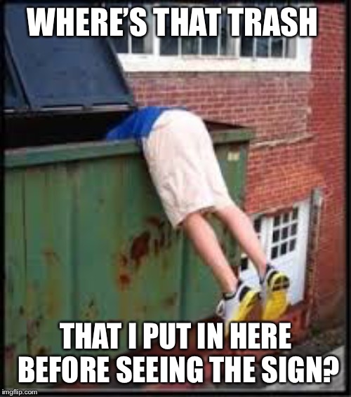 garbage | WHERE’S THAT TRASH THAT I PUT IN HERE BEFORE SEEING THE SIGN? | image tagged in garbage | made w/ Imgflip meme maker