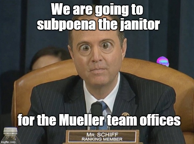 Democrat Subpoenas | We are going to subpoena the janitor; for the Mueller team offices | image tagged in mueller report,adam schiff | made w/ Imgflip meme maker